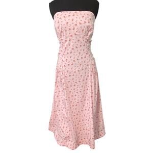 NWT Pink Floral Strapless Midi‎ Dress Smocked XL Cottagecore Soft Girl Romantic